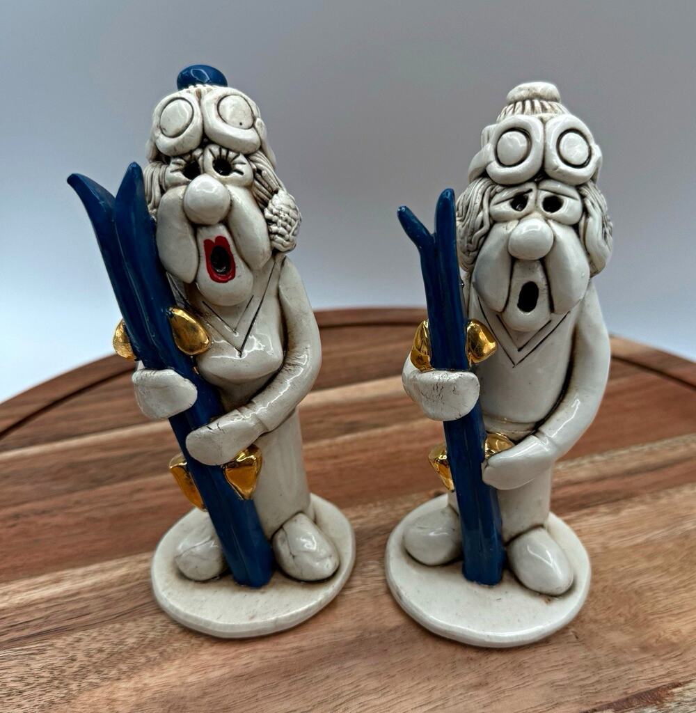 Vintage 1980s Ceramic Skier Figurines Pair Hand Painted White Blue Gold Signed